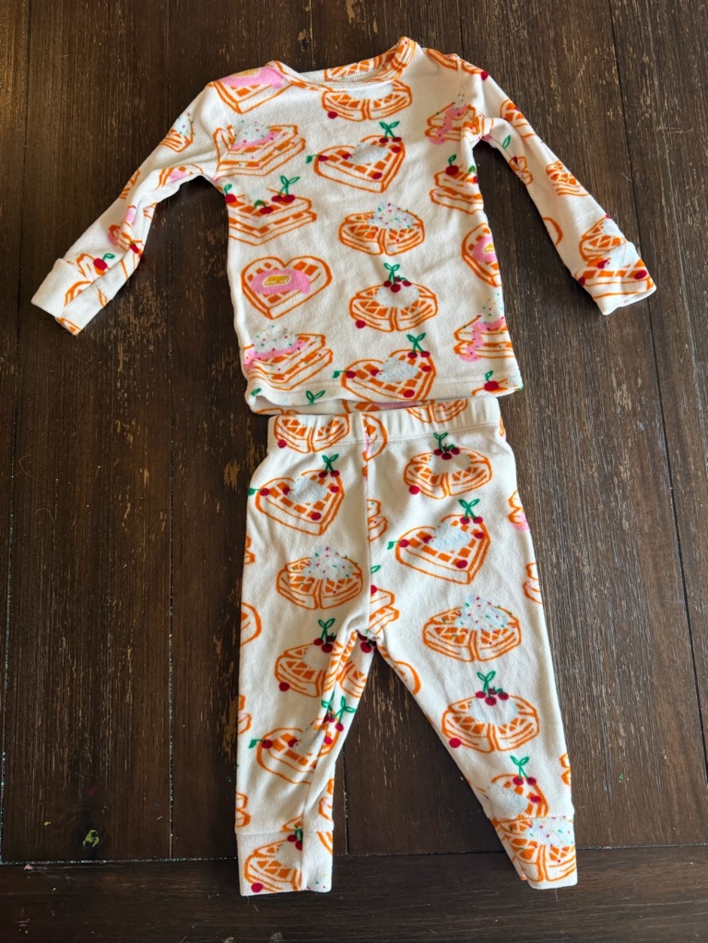 Cat & Jack Cream Kids Pajama Set with Orange Waffle & Cherry Print